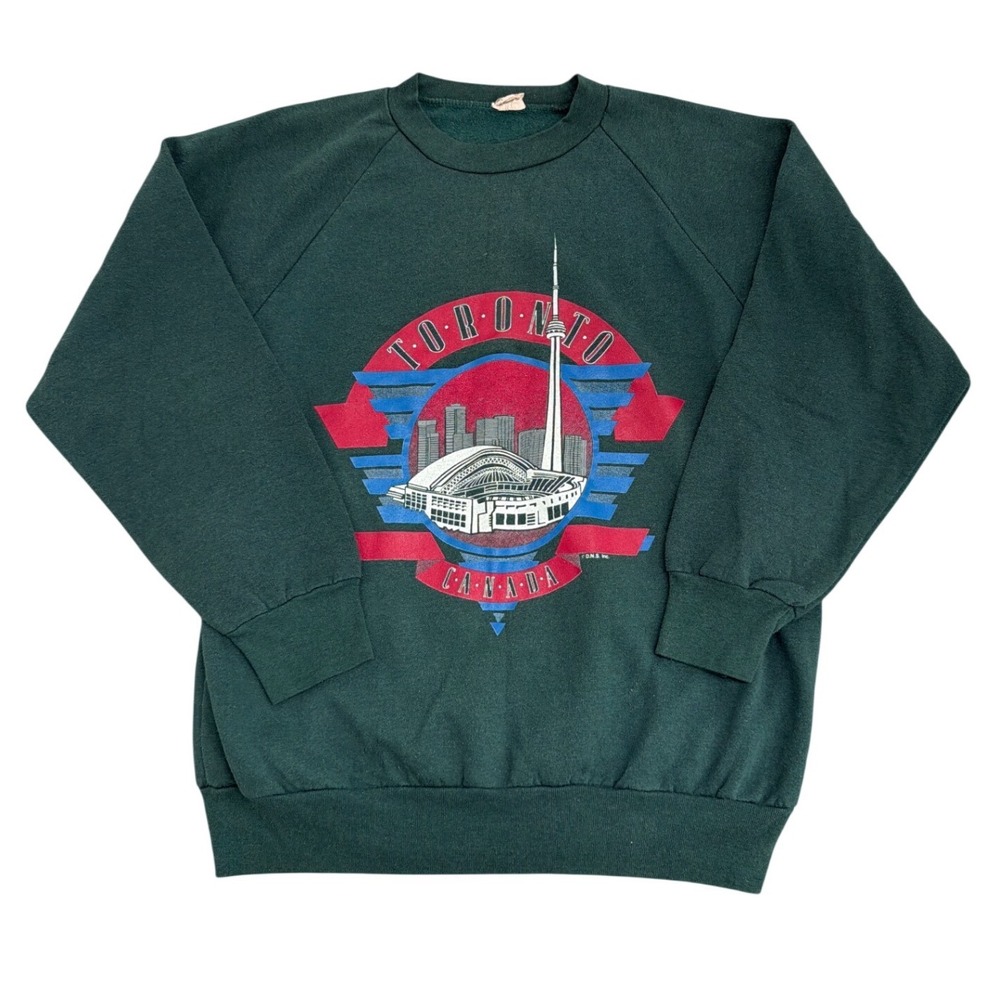 Vintage Toronto Canada CN Tower SkyDome Sweatshirt Forest Green Mens L Raglan